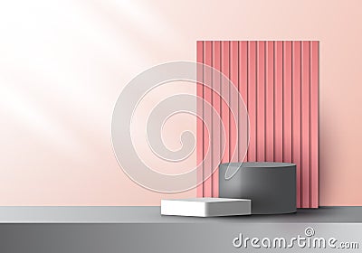 3D realistic pink and gray color geometric platform and battens backdrop with side lighting mockup minimal scene background Vector Illustration