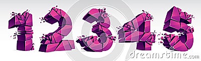 3D realistic pink numbers set 1 2 3 4 5 vector illustration, breaking to pieces digits over white symbols Vector Illustration