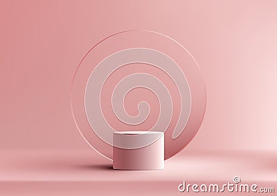 3D realistic products display pink podium pedestal stand with transparency circle glass backdrop minimal wall scene on pink Vector Illustration