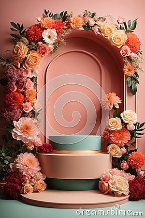 3D realistic products presented on a podium with colorful flowers and pink circular geometry on a green pastel background. Mock Stock Photo