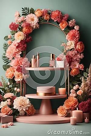 3D realistic products presented on a podium with colorful flowers and pink circular geometry on a green pastel background. Mock Stock Photo
