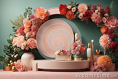 3D realistic products presented on a podium with colorful flowers and pink circular geometry on a green pastel background. Mock Stock Photo
