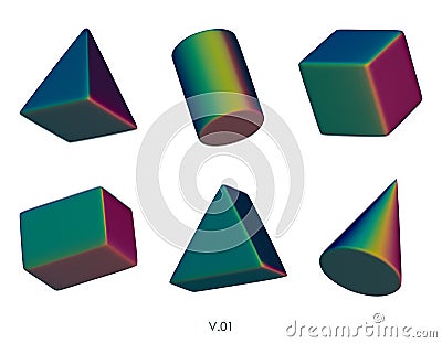 3D realistic render geometric figures. Matte green design elements. Colorful vector decorative shapes. Cube, cone Vector Illustration