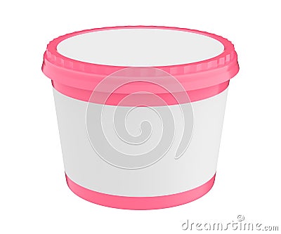 White Food Plastic Tub Container For Dessert, Yogurt, Ice Cream, Sour Sream Or Snack. Ready For Your Design. Pink lid. Stock Photo