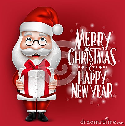 3D Realistic Santa Claus Cartoon Character Holding Christmas Gift Vector Illustration