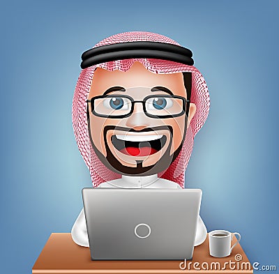 3D Realistic Saudi Arab Businessman Cartoon Character Sitting Working Vector Illustration
