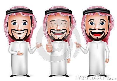 3D Realistic Saudi Arab Man Cartoon Character with Different Pose Vector Illustration