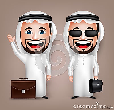 3D Realistic Saudi Arab Man Cartoon Character with Different Pose Holding Briefcase Vector Illustration