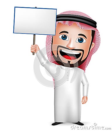 3D Realistic Saudi Arab Man Cartoon Character Holding Blank Placard Vector Illustration