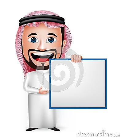 3D Realistic Saudi Arab Man Cartoon Character Holding Blank White Board Vector Illustration