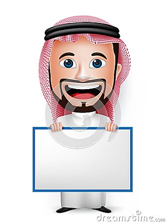 3D Realistic Saudi Arab Man Cartoon Character Holding Blank White Board Vector Illustration