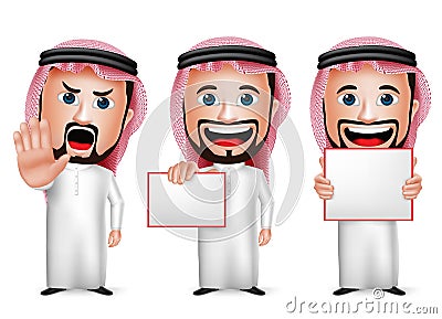 3D Realistic Saudi Arab Man Cartoon Character Holding Blank White Board Vector Illustration