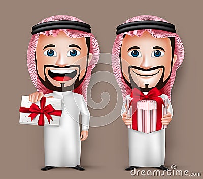 3D Realistic Saudi Arab Man Cartoon Character Holding and Giving Gift Vector Illustration