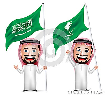 3D Realistic Saudi Arab Man Cartoon Character Holding and Waving Saudi Arabia Flag Vector Illustration