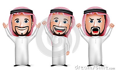 3D Realistic Saudi Arab Man Cartoon Character Raising Hands Up Gesture Vector Illustration