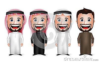 3D Realistic Saudi Arab Man Cartoon Character Wearing Different Traditional Thobe Vector Illustration