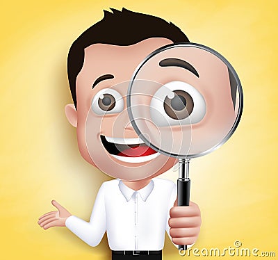 3D Realistic School Boy or Professor Holding Magnifying Glass Vector Illustration
