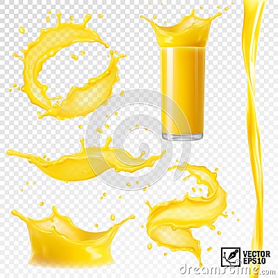 3D realistic set of isolated vector different splashes of juice of orange, mango, bananas and other fruits, transparent Vector Illustration