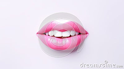 3D realistic smiling glossy pink lips on white. cosmetic, fashion, and romantic designs. Open mouth with teeth, lipstick promotion Stock Photo