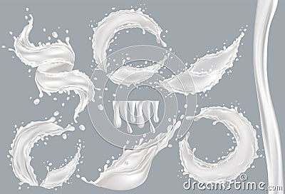 3D realistic splash of milk. Collection twisted fresh milk with drop. Cocktail milk. Yogurt, dessert. Set Illustration Stock Photo