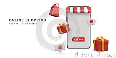 3d realistic store in smartphone with shopping bag and gift box in cartoon style on white background. Poster or web page for Cartoon Illustration