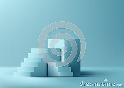 3D realistic studio room blue cube podium stand with ladder steps success on minimal wall scene blue background Vector Illustration