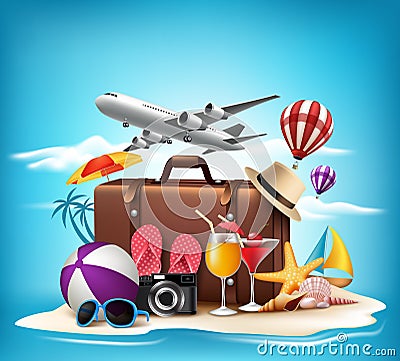 3D Realistic Summer Vacation Design for Travel in a Sand Beach Vector Illustration