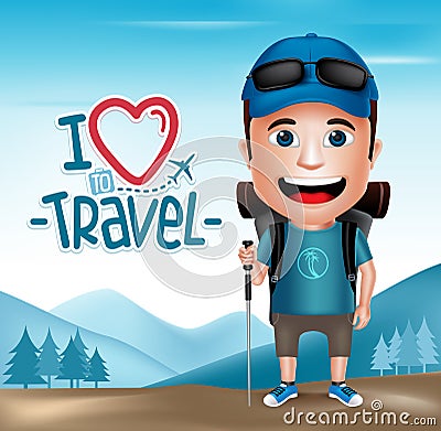 3D Realistic Tourist Man Character Wearing Hiker Outfit Vector Illustration