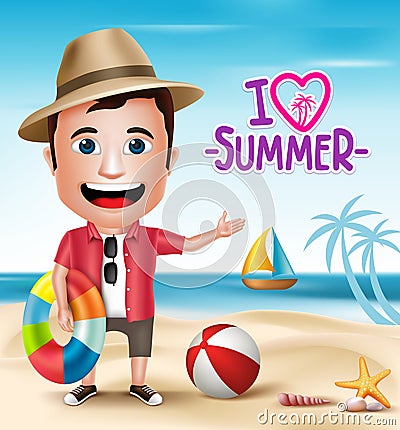 3D Realistic Tourist Man Character Wearing Summer Outfit Vector Illustration