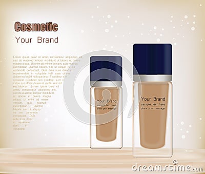 3D realistic transparent bottle for foundation or BB cream. Mock-up of cosmetic glass container. Blank template of Vector Illustration