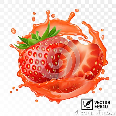 3d realistic transparent isolated vector, peeled strawberry fruit in a splash of juice with drops, edible handmade mesh Vector Illustration