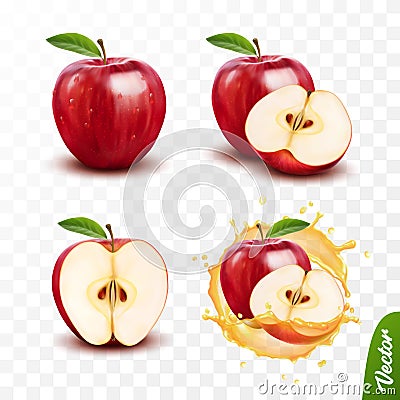3d realistic transparent isolated vector set, whole and slice of apple, apple in a splash of juice with drops Vector Illustration