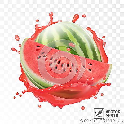3d realistic transparent isolated vector, whole and half of watermelon in a splash of juice with drops Vector Illustration