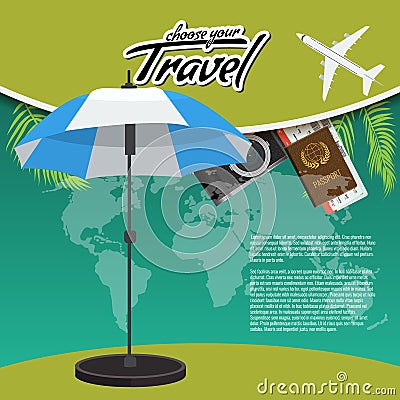 3D Realistic Travel and Tour creative Poster Design with realistic airplane, beach umbrella, world map, passport and air Vector Illustration