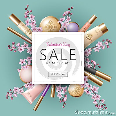 3D realistic Valentine Day sale banner template. Discount offer spring flower sakura pink petal cosmetic package mock up Vector Illustration