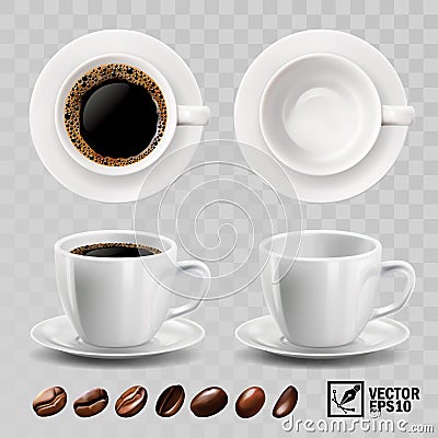 3d realistic vector cup of black espresso or americano coffee, top view, side view Stock Photo