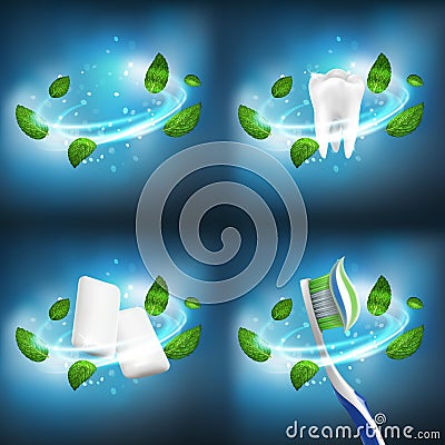 3D realistic vector dental set separate vortex leaves of mint,healthy tooth, gum pellets, toothbrush with extruded toothpaste Vector Illustration