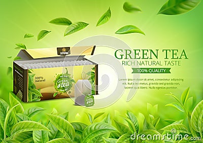 3d realistic vector horizontal banner, nature, tea plantation, green tea garden background with tea packaging and flying leaves, Stock Photo