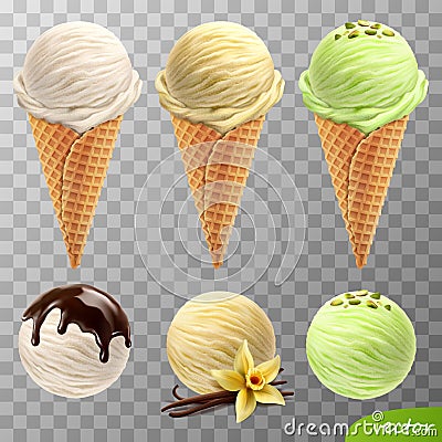 3d realistic vector ice cream scoops in a waffle cones melted chocolate, vanilla flower and sticks, pistachios Vector Illustration