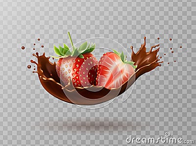 3d realistic vector icon illustration. Chocolate strawberry milk. Choco splash with strawberries falling. Isolated n white Vector Illustration