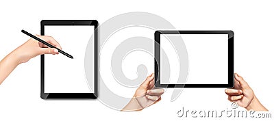 Realistic vector icon. Isolated on white background. UI UX template. Tablet with hand holding pen and holding tablet Vector Illustration