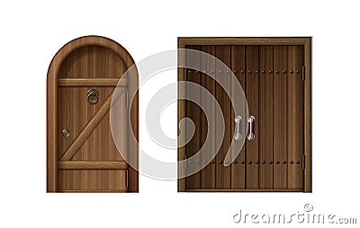 3d realistic vector icon set. Old antique wooden doors with golden and hrome handles, arched and square Vector Illustration
