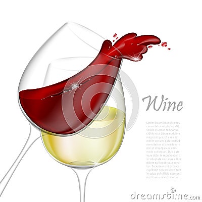 3d realistic vector illustration. Transparent isolated wineglass with red and white wine. Red wine pouring out of a glass splash Vector Illustration