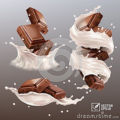 3D realistic vector set,splash of chocolate pieces in a spray of milk or yogurt, cocoa or coffee, swirl and drop Vector Illustration