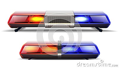 Realistic vector set of two police car top lights in red and blue. Isolated on white background Vector Illustration