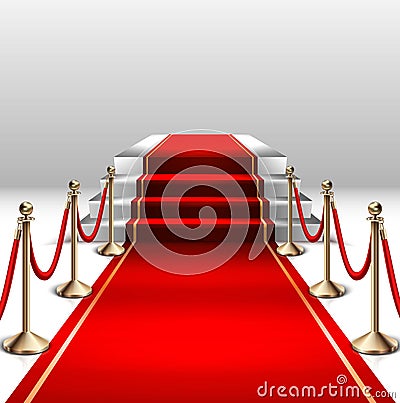 Realistic vector stage with red carpet and gold barrier Stock Photo