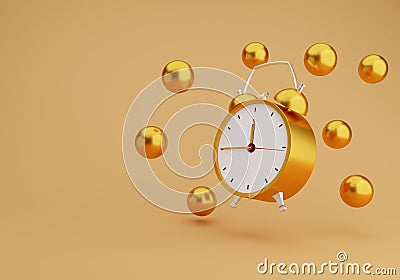 3D realistic watch alarm clock and ball time classic wake up a gold color flying on a golden background. 3D illustration analog Cartoon Illustration
