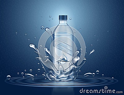 3d realistic water bottle with splashes Vector Illustration
