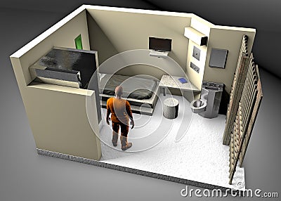 3d reconstruction of a prison cell, ADX Florence Supermax, Colorado penitentiary. US maximum security penitentiary center. Stock Photo