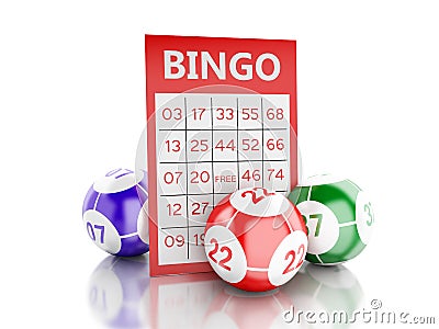 3d Red bingo card with bingo balls. Stock Photo